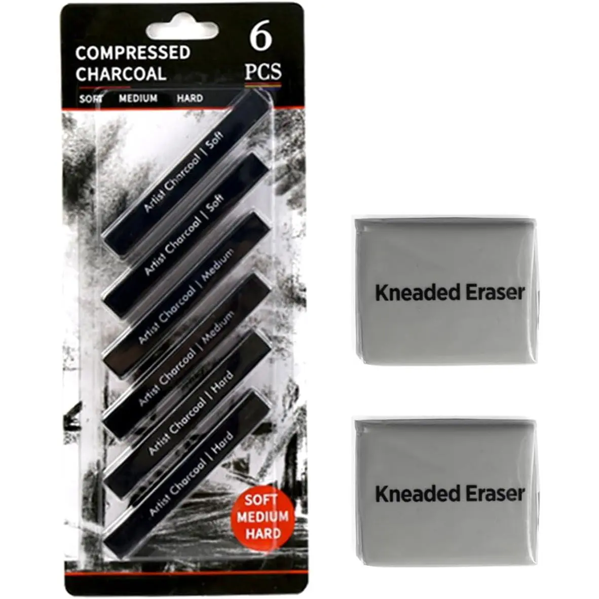 Compressed Charcoal Sticks 6 PCS Kneaded Rubber Erasers Large Size 2 Pack Square Vine Charcoal Rod Set of 8 for Back to School DIY Drawing Crafts Sketching Shading Beginners and Artists