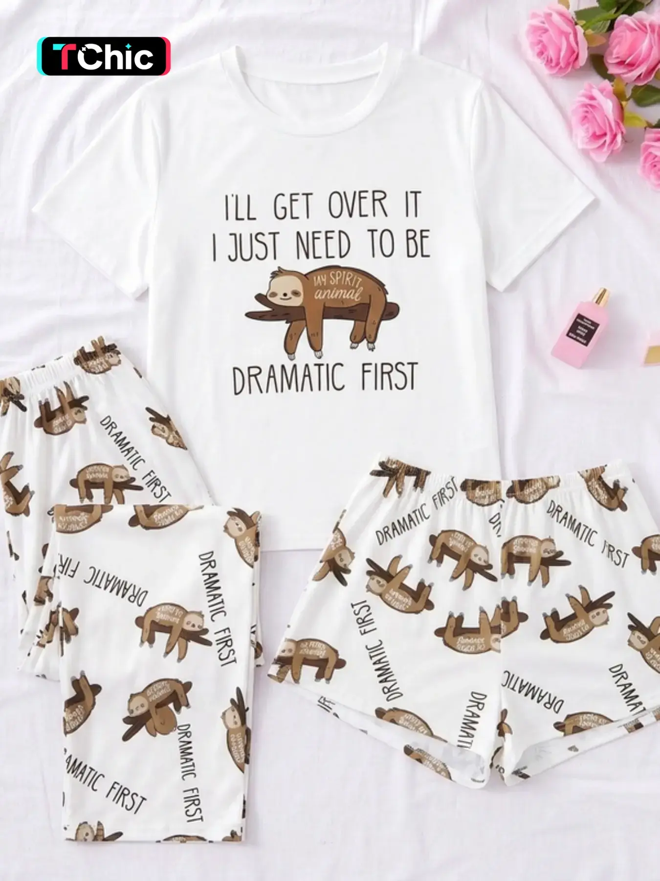 Three-Piece Set Women's Cute Cartoon Sloth Print Tee & Shorts & Pants Pyjama Set, Casual Comfy Crew Neck T-Shirt & Shorts & Trousers PJ Set, Summer Clothes Women, Summer Outfits 2024, Pajamas Lounge Set, Loungewear, Pajamas Sets