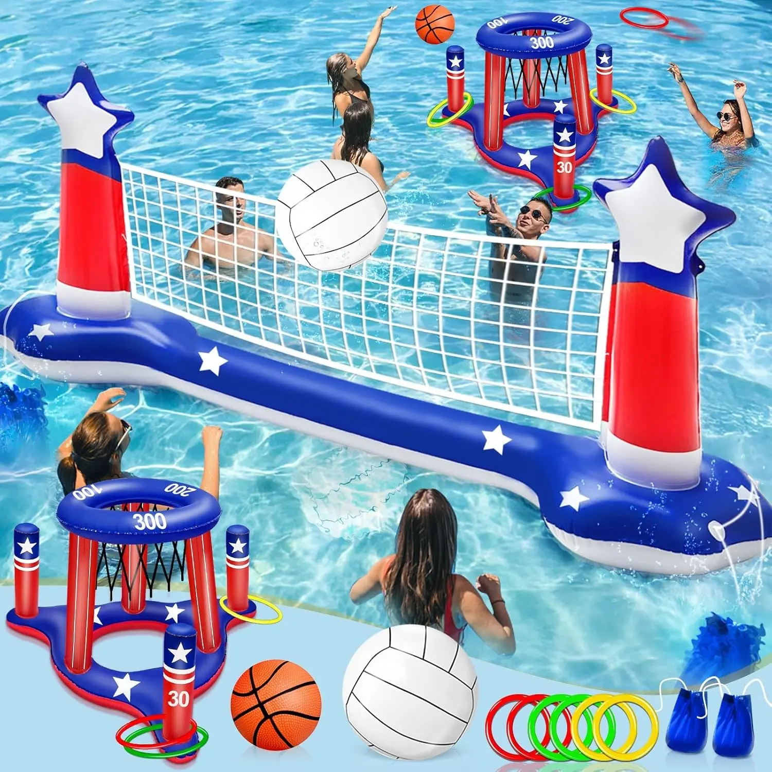 Large Inflatable 3-in-1 Water Pool Game Set: Volleyball Net, Basketball Hoop & Ring Toss - 4th of July 250th Anniversary American Flag Party Toy for Multi-Player Adults Summer Swimming