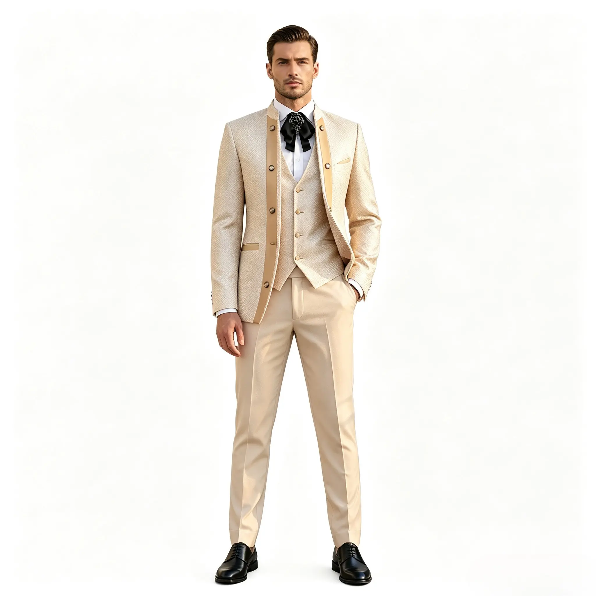 Luxury 3-Piece Men’s Floral Suit – Stand Collar Tuxedo with Vest & Pants | Elegant Formal Outfit for Weddings, Performances & Special Events