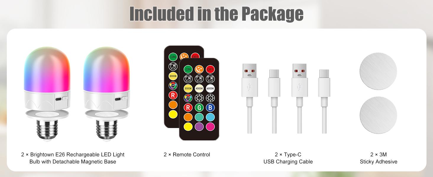 E26 Rechargeable LED Light Bulb Emergency Bulb with Remote and Timer, Battery Backup Bulb for Sconces and Lamps, Magnetic Bulbs for Non-Hardwired Fixture, 3 Color Temperatures CCT RGB Colors, Dimmable