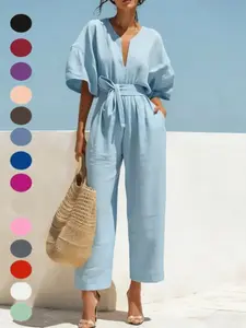 Elegant V-Neck Solid Color Cotton Linen Short Romper for Women, Summer New Fashion, European and American Style, Cross-Border Independent Store