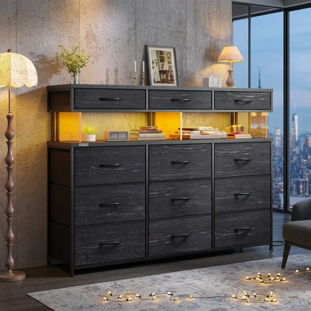 Black Modern Dresser with Remote Control Multi-Color LED Lights & 10mm Acrylic Panel, Built-in AC & USB Charging Hub, 12 Zoned Fabric Drawers, Anti-Tip Design for Home Bedroom Decoration