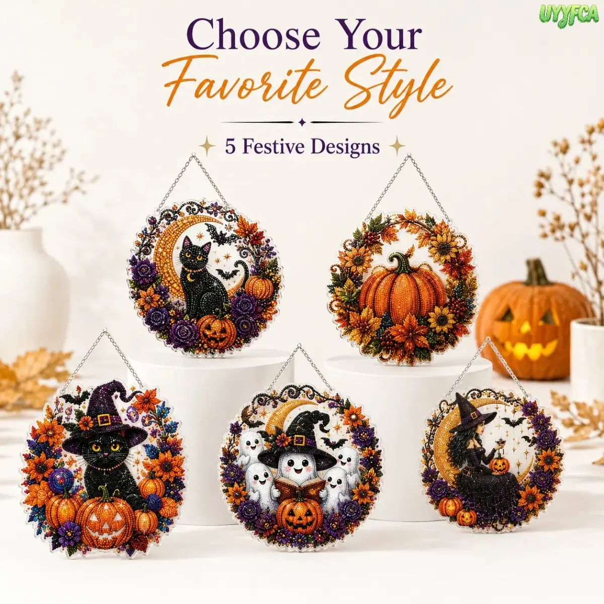 2026 New 9.84 inches Halloween Diamond Painting Hanging Ornament Kit, Black Cat Moon, Skull & Pumpkin Acrylic Diamond Art Suncatcher, DIY Rhinestone Craft for Adults & Kids, Spooky Window Wall Decor Gift,BackToSchool