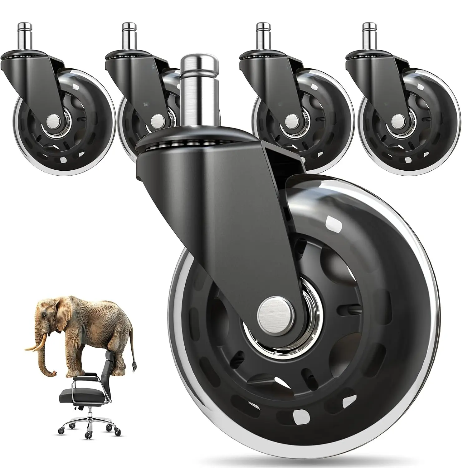 Office Chair Wheels , Heavy Duty, 5-Pack  Fit |  Rubber Caster, Desk Wheels, Smooth & Quiet, Safe for Hardwood Floors & Carpet, Replace Office Chair Mats