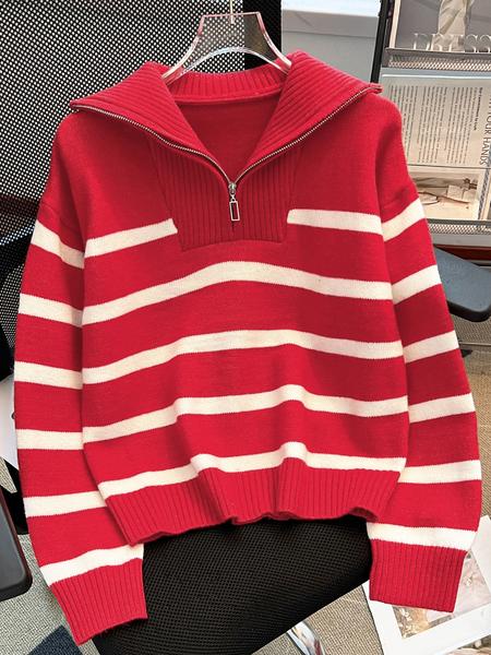 Women's Striped-Print Drop-Shoulder Sweater with Half-Zipper, Casual Long-Sleeve Collared Jumper for Daily Outdoor Wear, Knitwear for Fall & Winter, National Day Outfit
