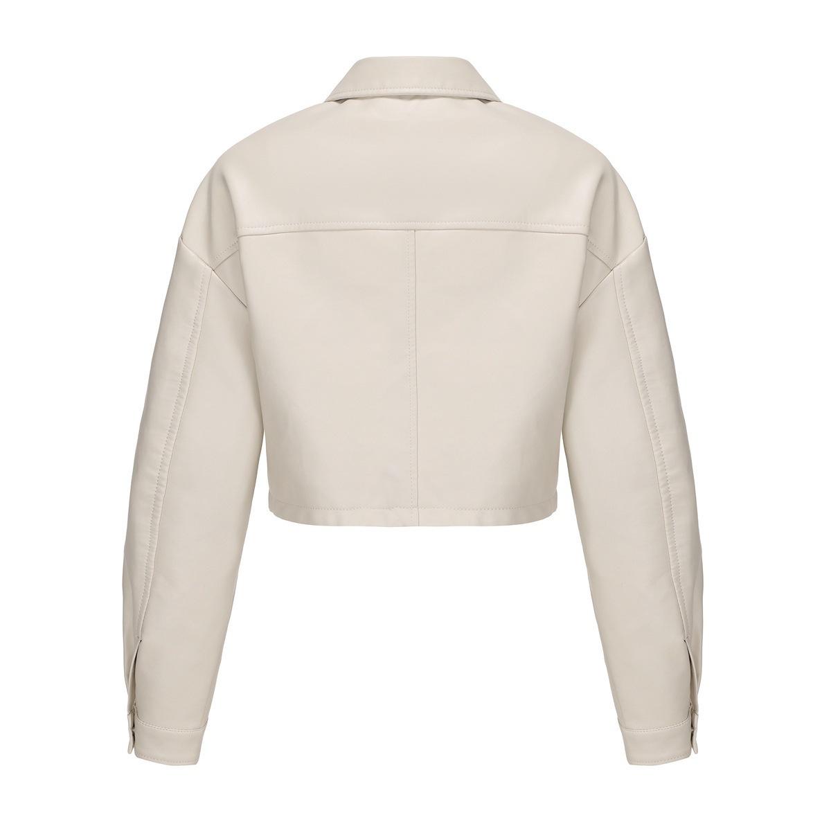 Women's Cropped Faux Leather Jacket, Chic Lapel Casual Button Down PU Moto Bike Coat Outwear with Pockets