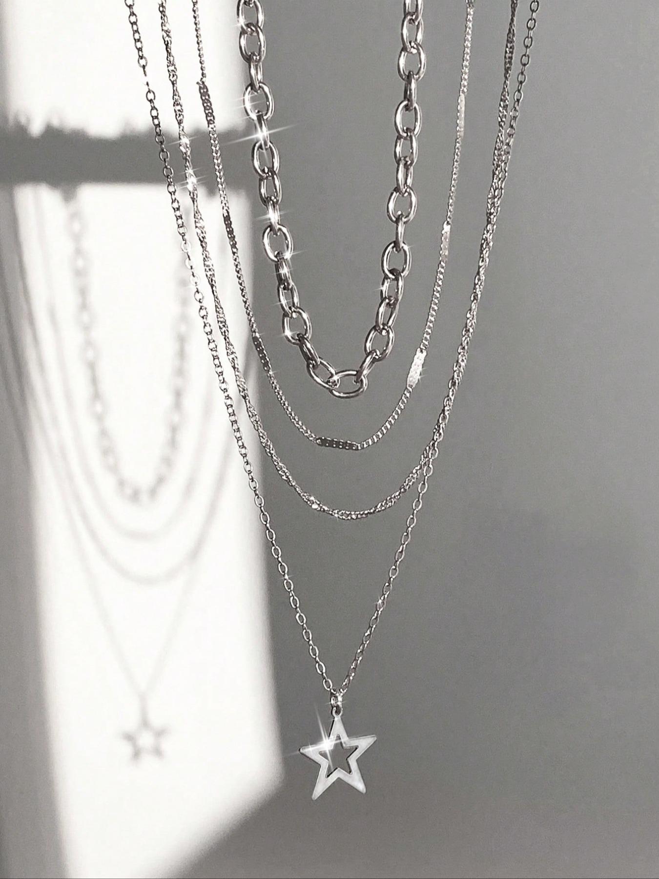 4-Piece Punk Style Star Pendant Necklace Set, Unique Layered Design, Ideal Gift for Punk Fashion Lovers, Modern Versatile Accessories