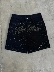 Men's Y2K Rhinestone Jean Shorts, Light Blue Washed/, Pearl Embellished, Letter Design, Loose Fit, Streetwear, Party, Festival Pants