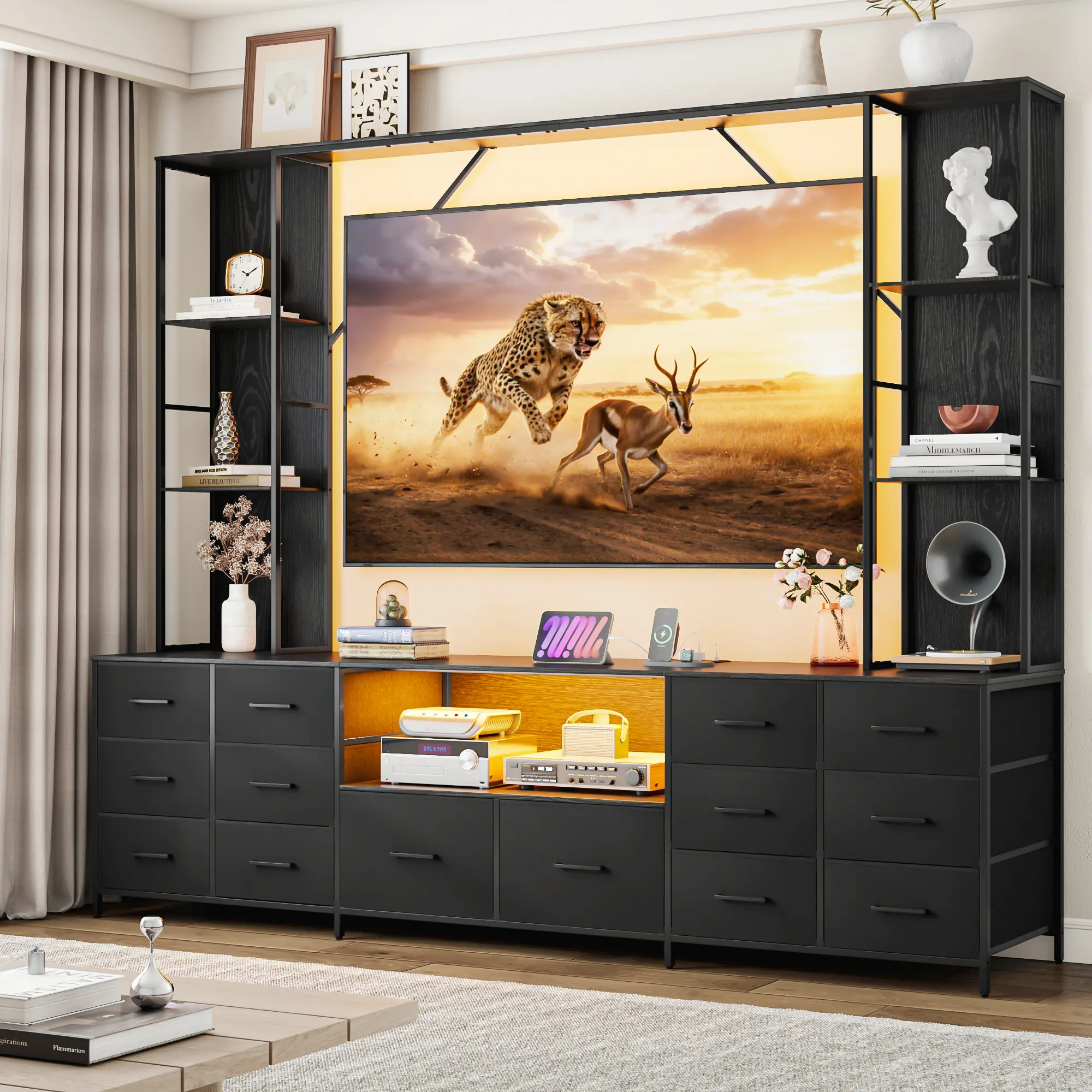96" Large Wall Unit Entertainment Center with 14 Fabric Drawers and LED Lights, Large TV Stand for TVs up to 70" with Power Outlets Bookshelves, Multifunctional Media Console for Living Room,Black/Brown