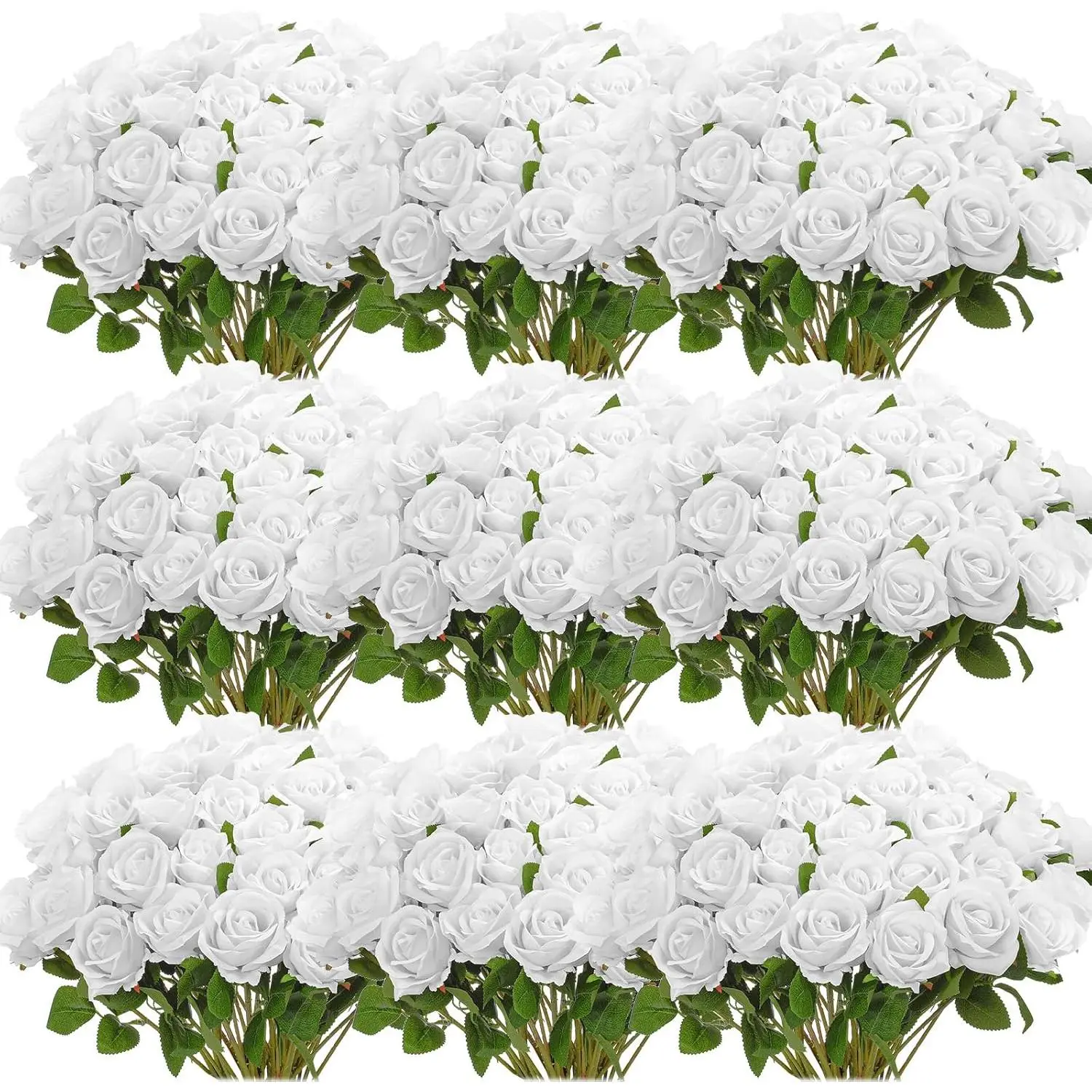 96 pieces of pure white artificial roses, realistic silk rose bundles with long stems, used as centerpiece vases for dining tables, wedding parties, kitchen decorations