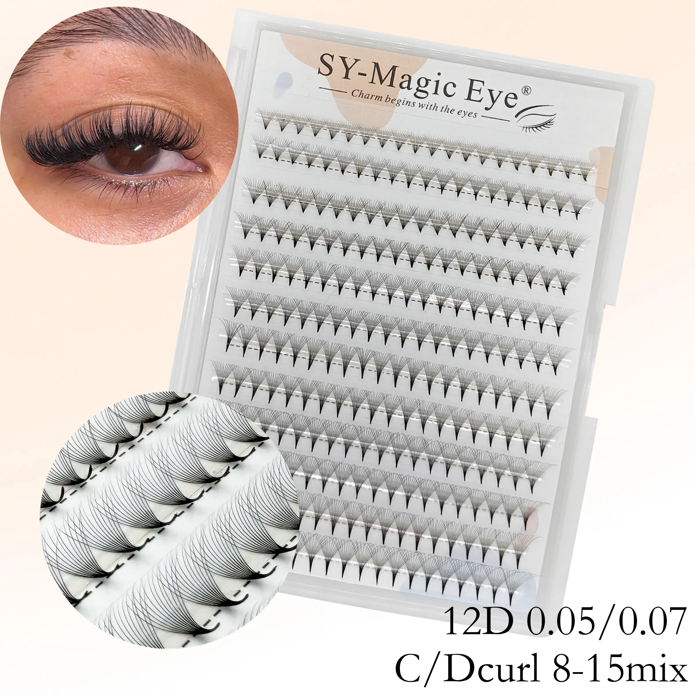 Pointy Base, 240 Fans per box,12D,Thickness 0.05mm / 0.07mm, Curl C / D, 8-15mm MIX, DIY Lash Clusters Natural Look & Wispy & Ultra Soft & Super Light For Daily Life & Party, Sharp Narrow Stem Premade Fans False Eyelash Extension