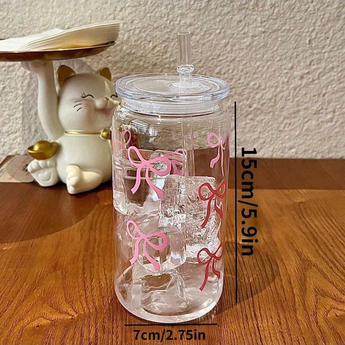1PC Bow Printed Water Cup with Lid and Straw, 16oz Jar Water Cup, Iced Coffee Cup for Tea, Juice, Milk, Birthday Gift for Office, Restaurant, Classroom, Picnic, Party, Valentine's Day and New Year, Drinkware