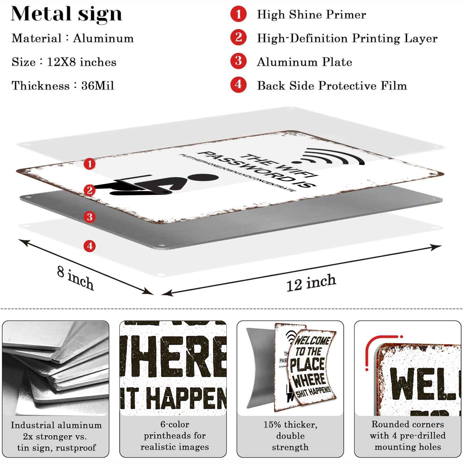 8x12 Inch Aluminum Metal Sign - "The WIFI Password Is PutThePhoneDownAndConcentrate" Funny Bathroom Decor |   Perfect for Home, Man Cave, Bar, Cafe, and Guest Restrooms |   Retro Tin Plaque, Easy to Hang, Hilarious Toilet Humor Art