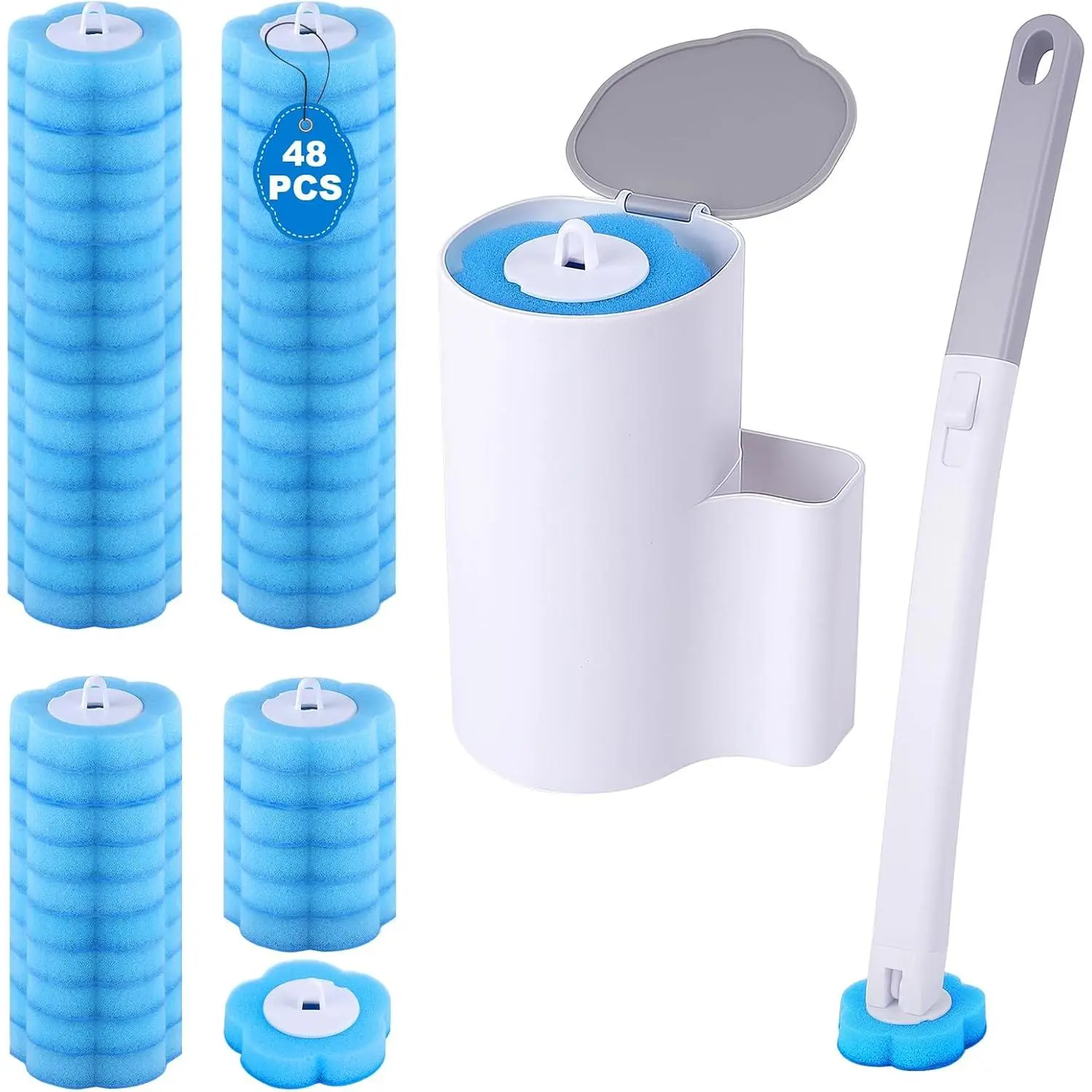 wlich Disposable Toilet Brush with 48 Refills, Bowl Toilet Brush with Wall Mounted Holder, Toilet Bowl Brush Set with Wand and Storage Box for Bathroom Cleaning