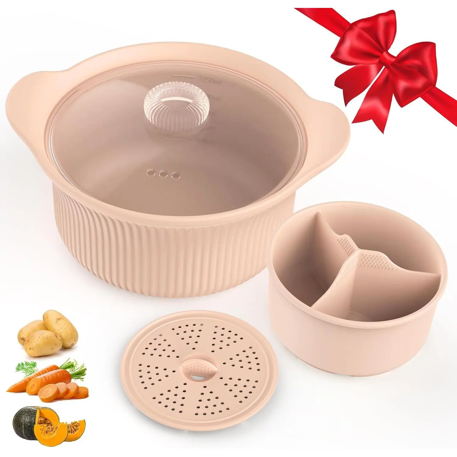 42oz 3 Compartment Microwave Silicone Steamer for Vegetables Fish Baby Food, 4 in 1 Microwave Pot with Handle Lid Basket Recipe, Oven & Dishwasher Safe, Easy Clean, 100% Food Grade Korea Design (Pink)