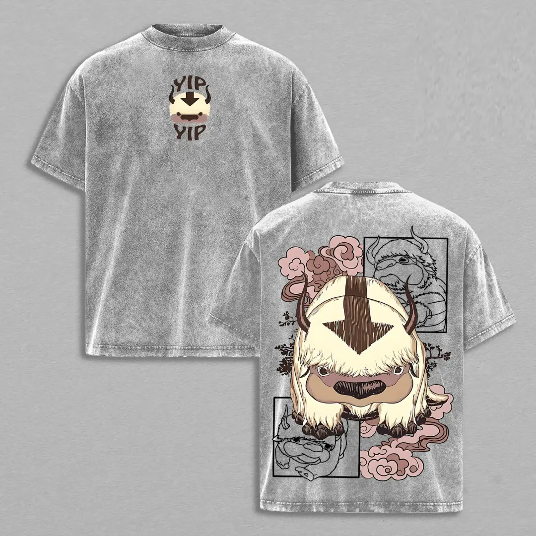 Men's Vintage Washed Round Neck Oversized Avatar The Last Airbender Appa Cartoon Print Ribbed Seamless Heavyweight Cotton Short-Sleeve T-Shirt - Unisex Soft Streetwear Gift