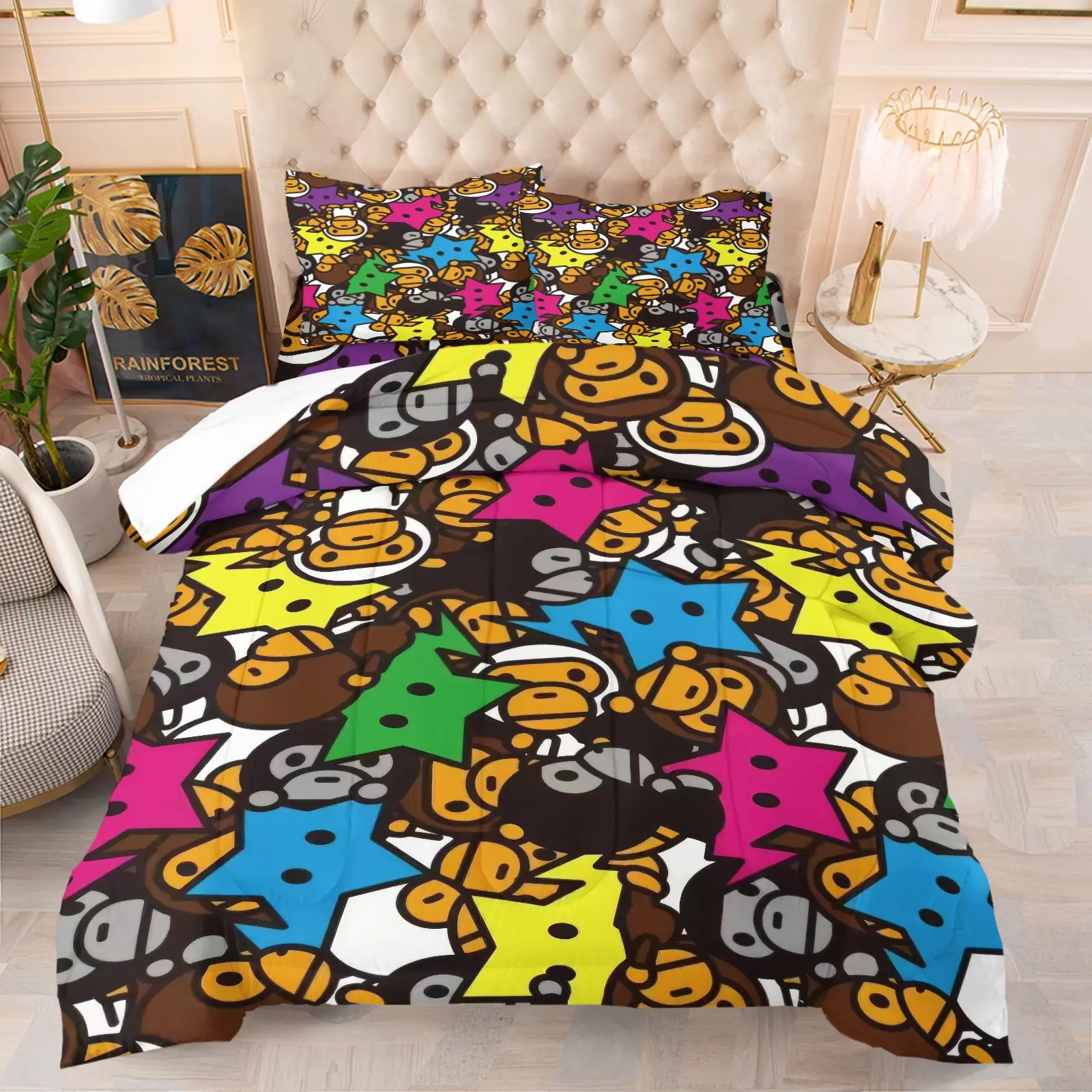 Cartoon Monkey Head & Multicolor Star Full Print Comforter Set, 1 Comforter + 1/2 Pillowcases, Retro Street Graffiti Style Bedding, Durable Material Soft Comfy Bed Set, Machine Washable, All Season Bedroom Decoration for Boys Teens Young Men, Bedding Sets
