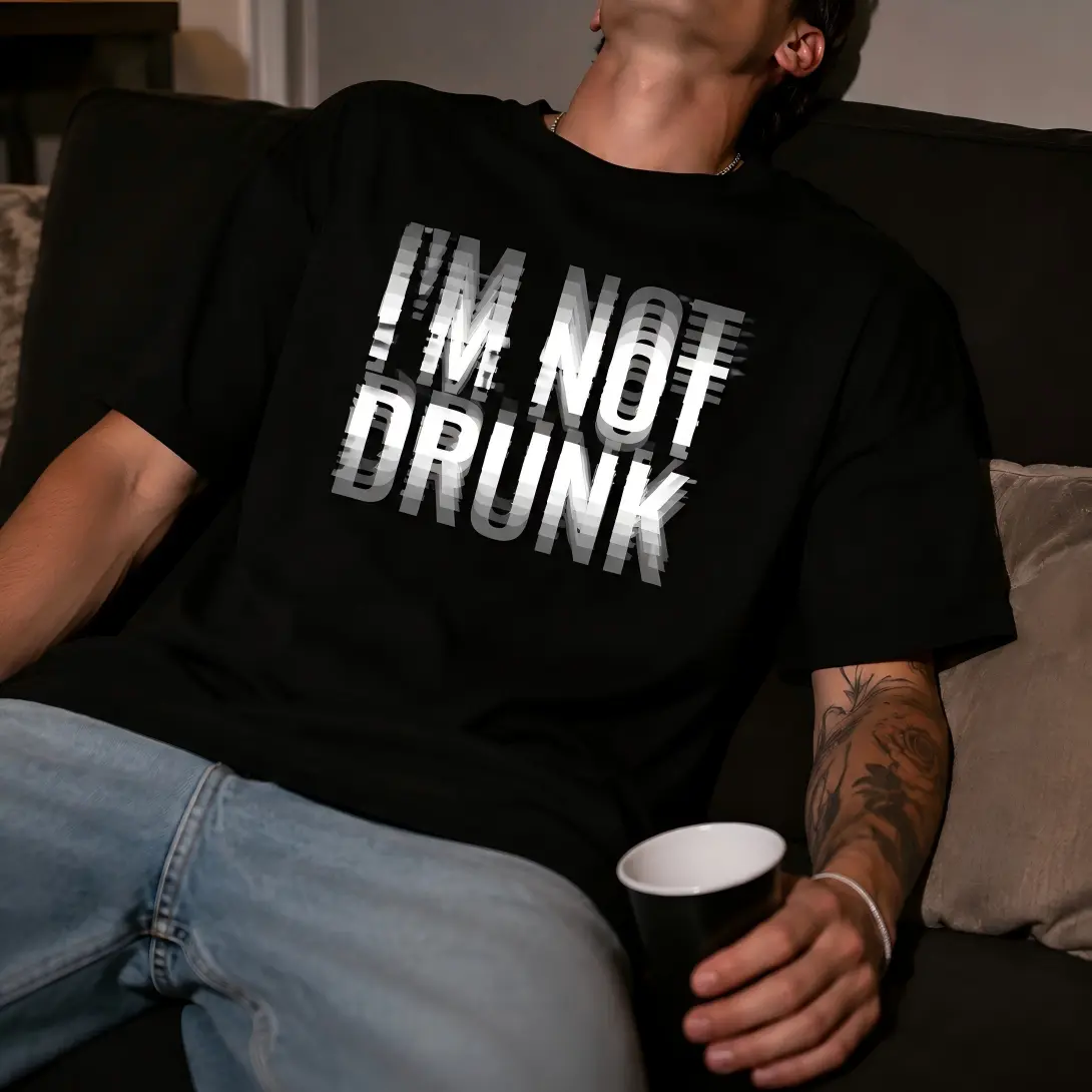 Men's Oversized Graphic T-Shirt, Breathable Fabric Round Neck Top with Glitch Text Print, Short-Sleeve Relaxed Fit Streetwear for Parties, Menswear, Shortsleeve, Clothes, Classic, Casual, Tshirt