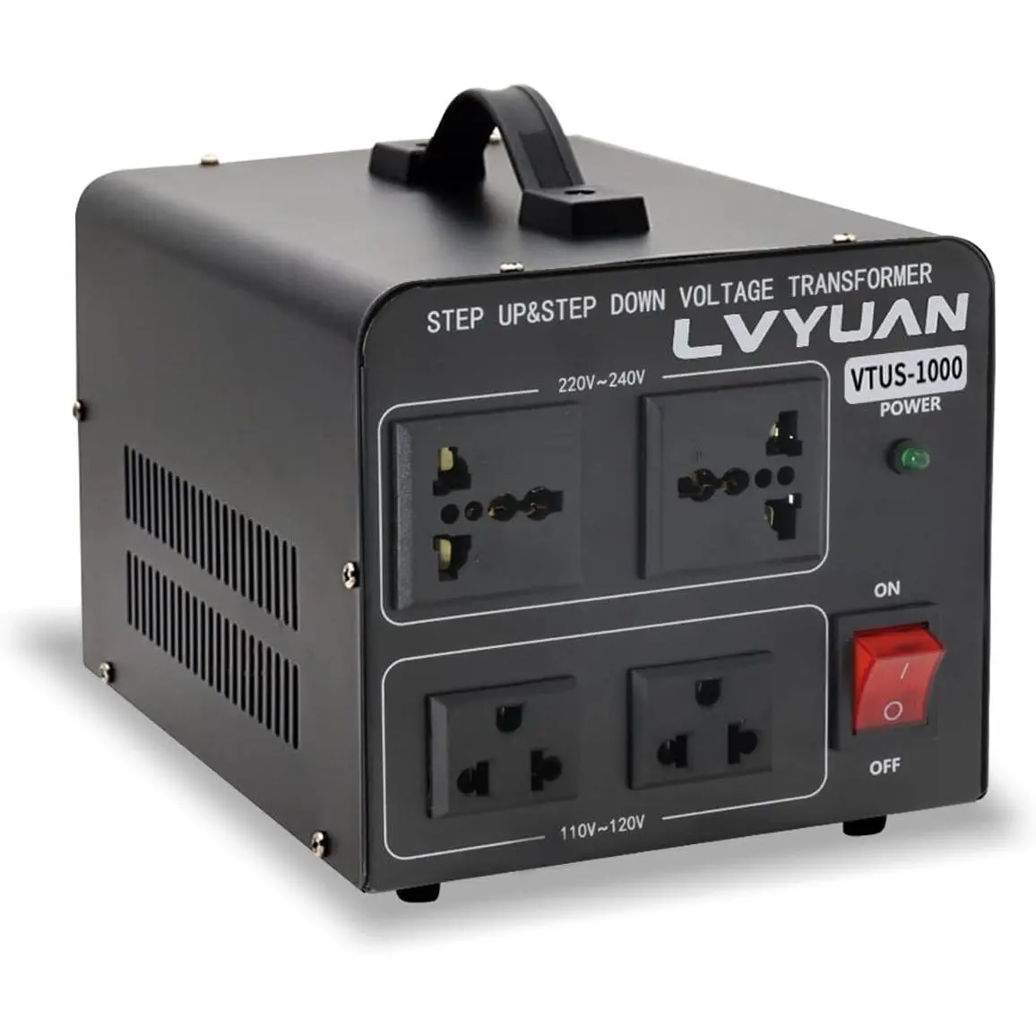 Voltage Converter Transformer 1000 Watt Step Up/Down Convert from 110V-120V to 220V-240Vt and from 220V-240V to 110V-120V with 2 outlets, 2 Universal outlets, Resettable Circuit Breaker