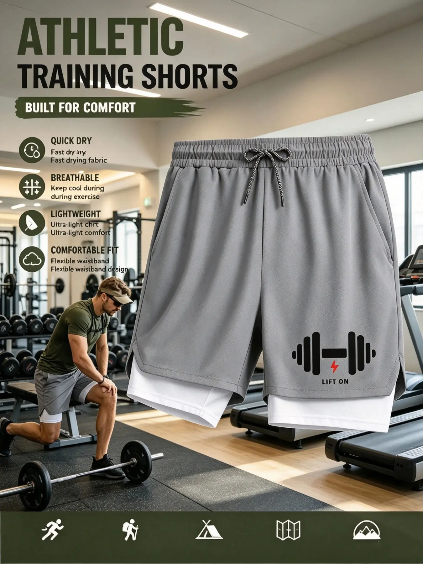 Men's Fake Two-Piece Sports Training Shorts, Quick-Dry Breathable Gym Pants, Lift on Barbell Print, Double-Layer Anti-See-Through Five-Pocket