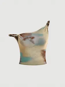 Summer Women's Tie-Dye Asymmetric Neck Top, Gradient Marble Print, Casual Music Festival, Comfortable and Stylish Clothing