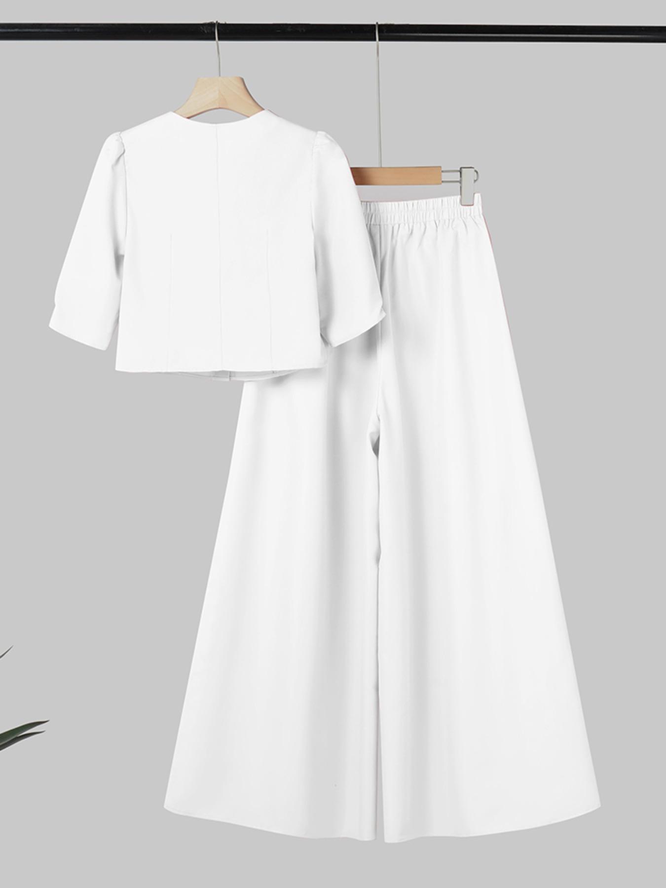Two-Piece Set Women's Plain Woven Cropped Top & Elastic Waist Wide Leg Pants, Elegant Fashion Top & High Waist Trousers for Daily Wear, Womenswear for Summer
