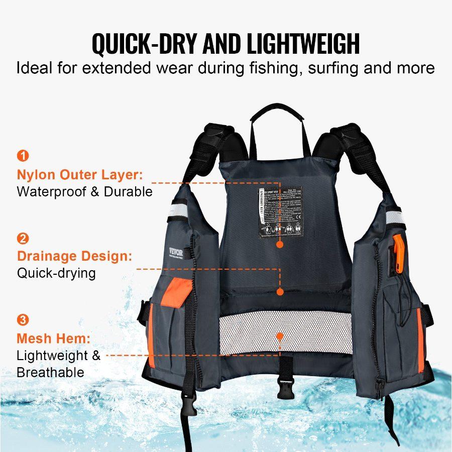 VEVOR Life Vest for Watersports (PFD), Life Jacket with Waterproof Nylon 110N Buoyancy, Life Vest/Jacket for Any Water Activity-Fishing, Kayaking, Surfing and More, Men and Women XL