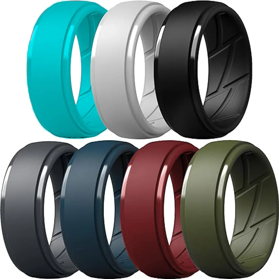7Pack Men's Silicone Wedding Rings Step Edge & Inner Texture - Comfort Fit Engagement Band Set For Him 7Pack Men's Silicone Wedding Rings Step Edge & Inner Texture - Comfort Fit Engagement Band Set For Him