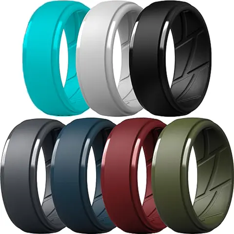 Men's 7-Pack Silicone Wedding Bands - Step Edge, Textured Band Ring, Secure Inner Grip, Hypoallergenic, Lightweight, Flexible Fit, No Fatigue, Plain Finish, Casual Ring, Everyday Wear, Anniversary Gifts, Men's Accessories