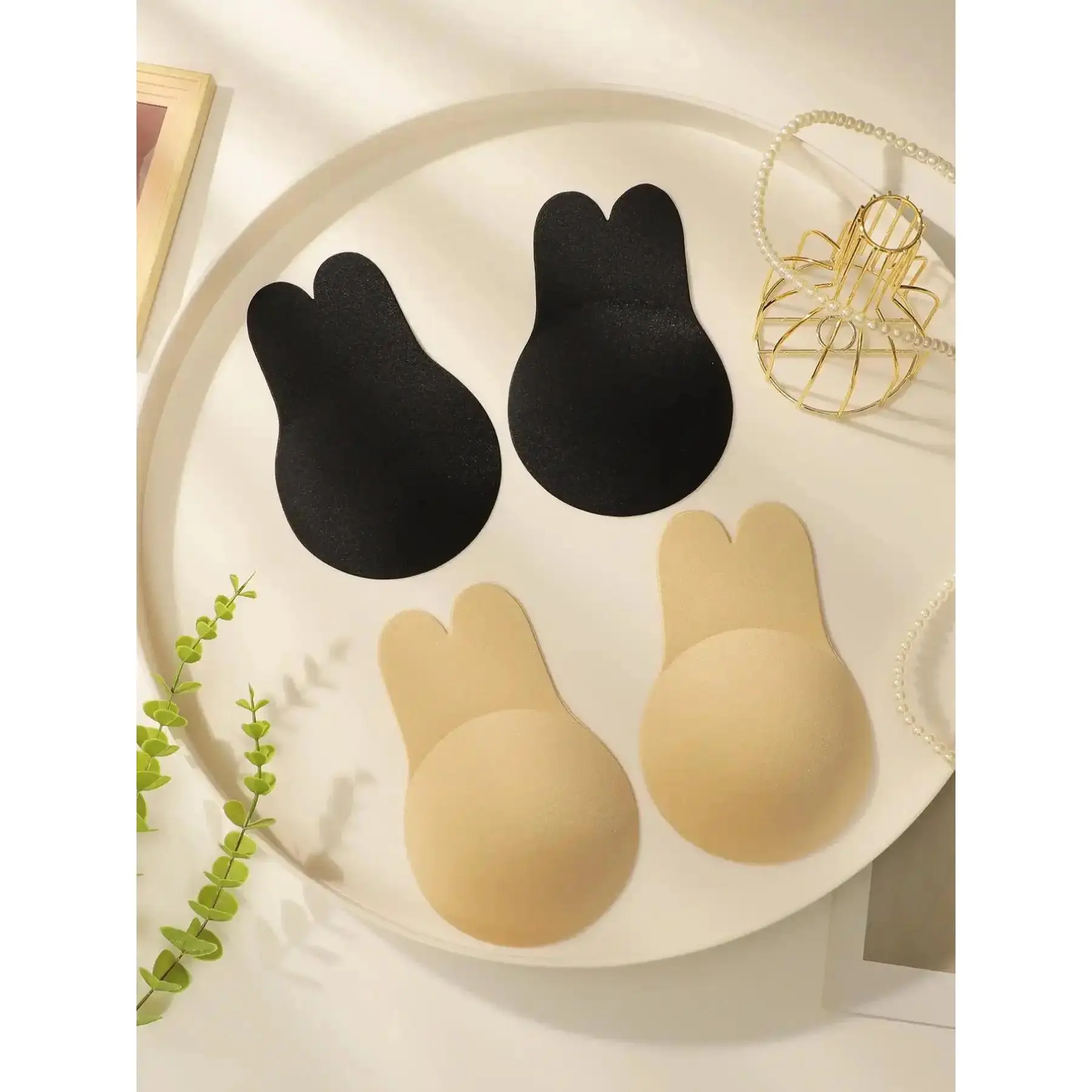 2 Pairs Rabbit Ear Breast Lift Tape Skin-Friendly Silicone Nipple Covers Strong Push-Up Reusable Invisible Adhesive Bra for Women