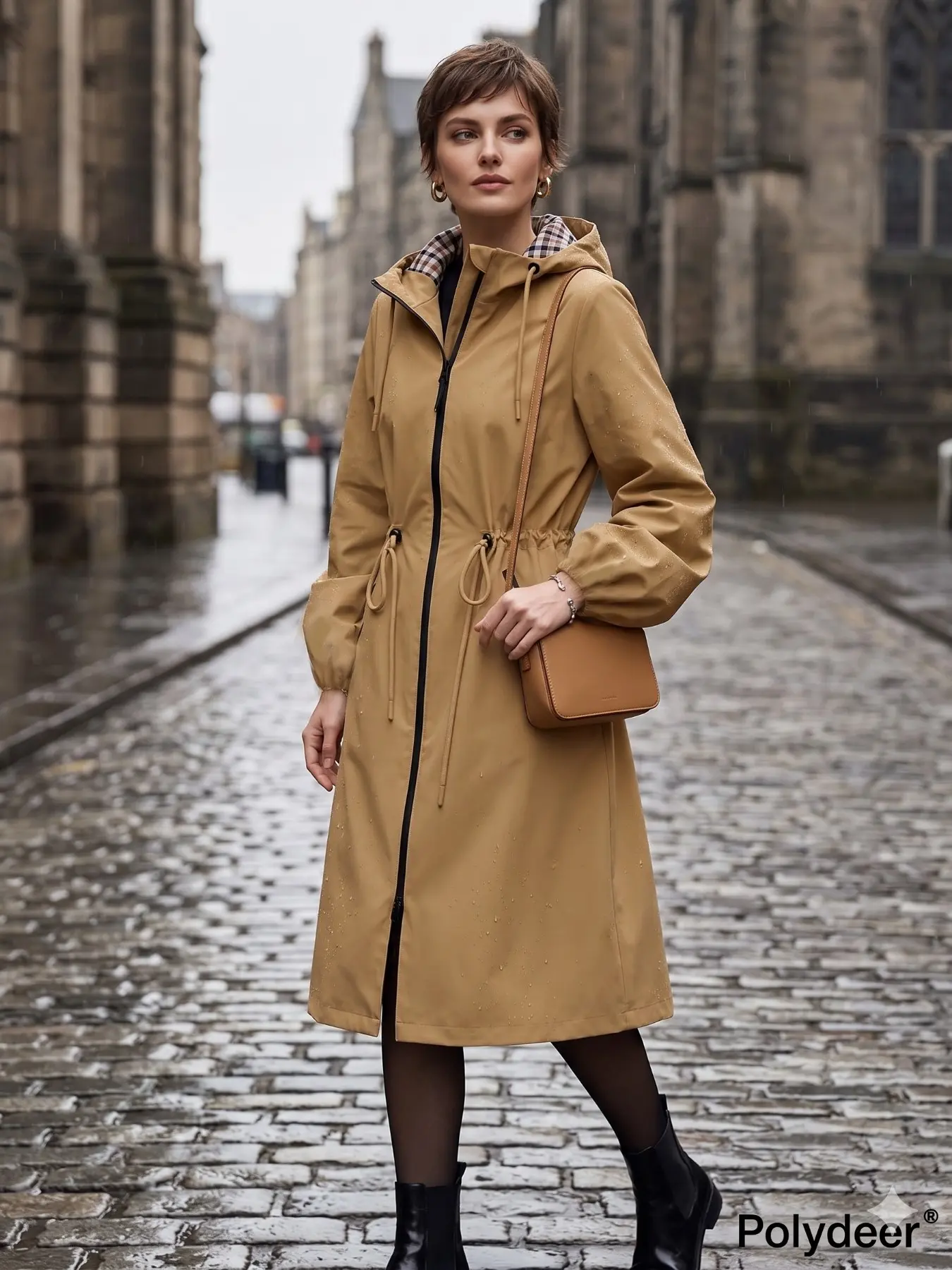 Women's Solid Color Zip-Up Hooded Trench Coat, Casual Long Sleeve Check-Lined Design, Lightweight & Breathable for Spring Outdoors