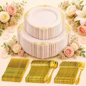 Set Of 100 Pink Disposable Plastic Tableware Pieces, Decorated with Golden Floral Patterns, Reusable, Serves 20 Guests, Perfect for Birthday Parties, Holiday Gatherings, Weddings, Party Supplies, And Catering-Valentine's Day
