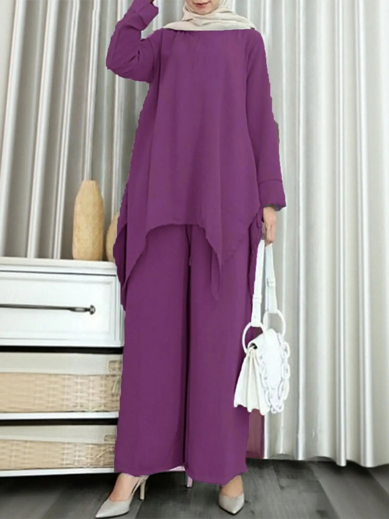 Women's Casual, Round Neck Long Sleeve Asymmetrical Hem Top + High Waist Pants, Ideal for Daily Wear, Travel, Commute Two Piece Set Matching Set Women Outfits