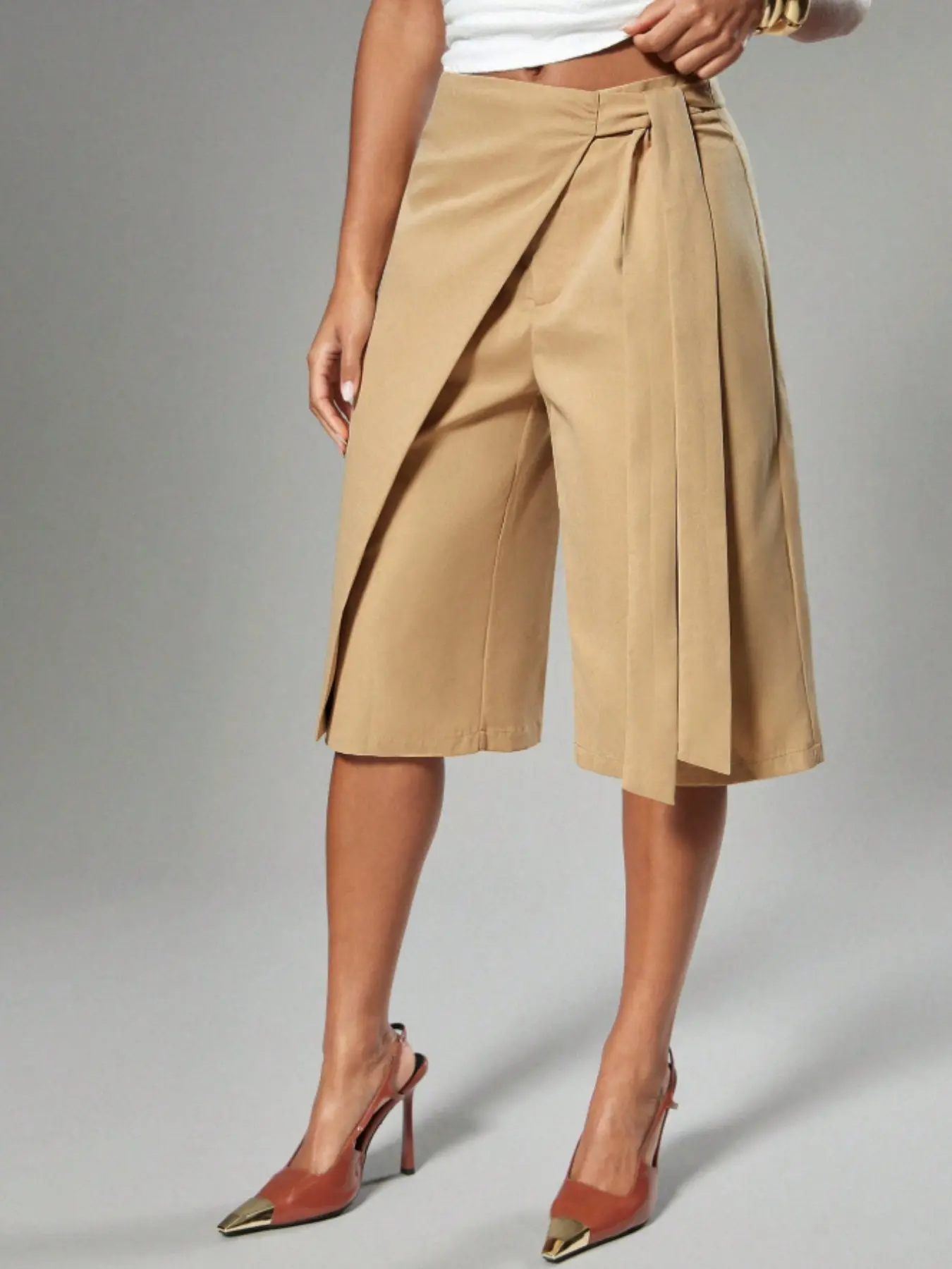 Y2K High-Waisted Wide Leg Wrap Leg Pants, Belted False Two-Piece Loose Fit, French Chic, Fall & Winter, Office & Casual, Trendy Colors