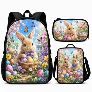 Easter Bunny and Eggs 3 Piece Backpack Set, with Lunch Bag and Pencil Case, Adjustable Straps, Top Handle and Side Pockets, Easter Bunny Spring Graphic Design for Students and Teens, School and Travel
