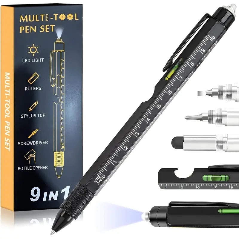 Fathers Day Dad Husband, 9 in 1 Multitool Pen Set with LED, Stylus, Level, Screwdriver, Fathers Day Gift from Daughter Wife Son, Gadgets for Men, Father, Blue, 1 Pack (Black)