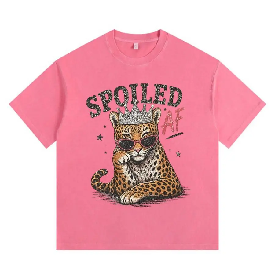 Oversized, vintage-wash Y2K-style T-shirt featuring a street-style graphic of a cheetah queen wearing a silver crown and pink sunglasses, accented with the bold "SPOILED AF" slogan print.