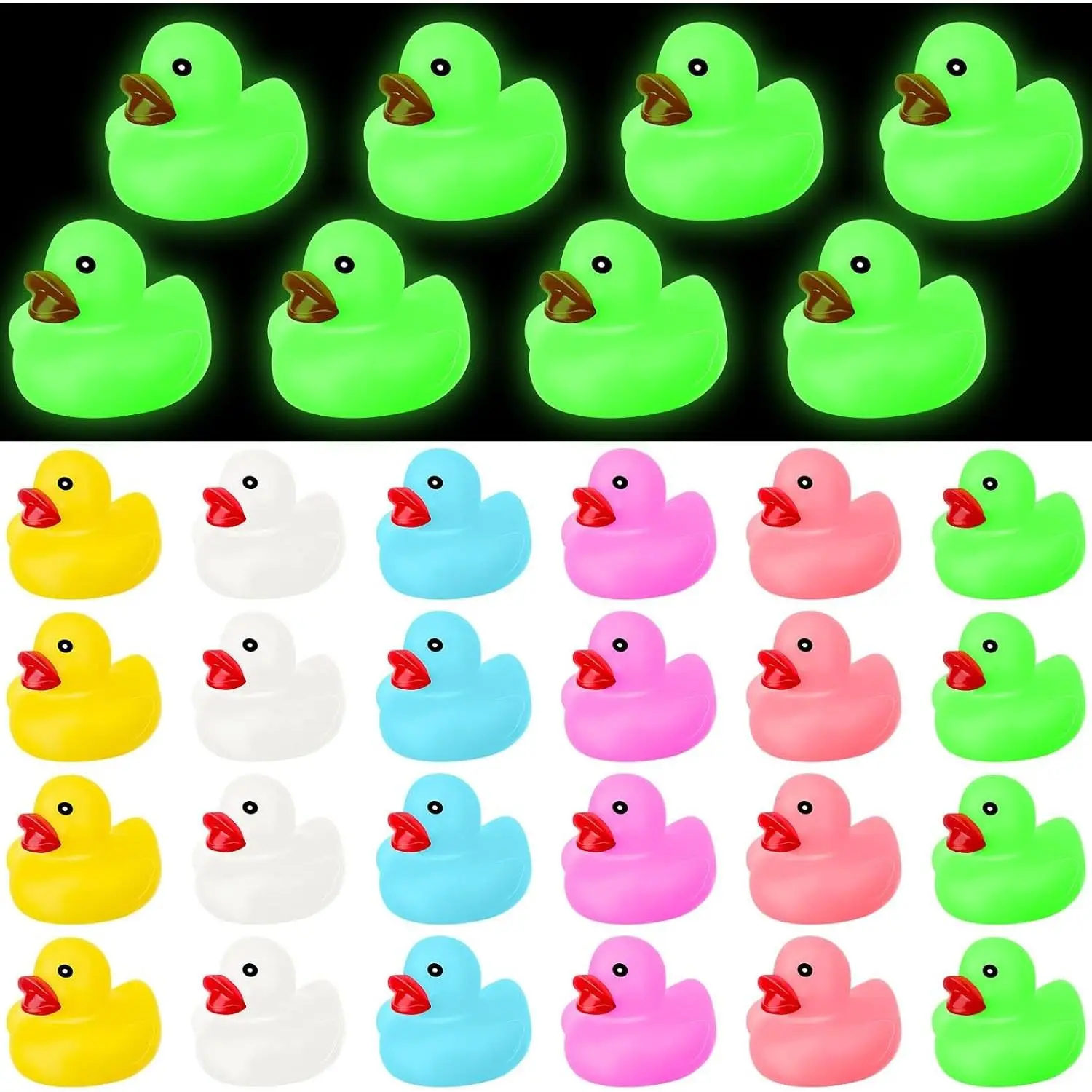 24 Pcs Glow in the Dark Rubber Ducks 2.2'' Luminous Mini Rubber Duck Fluorescent Tiny Light up Floating Squeaky Bathtub Toys for Baby Showers Summer Beach Pool Party Games (Colorful)