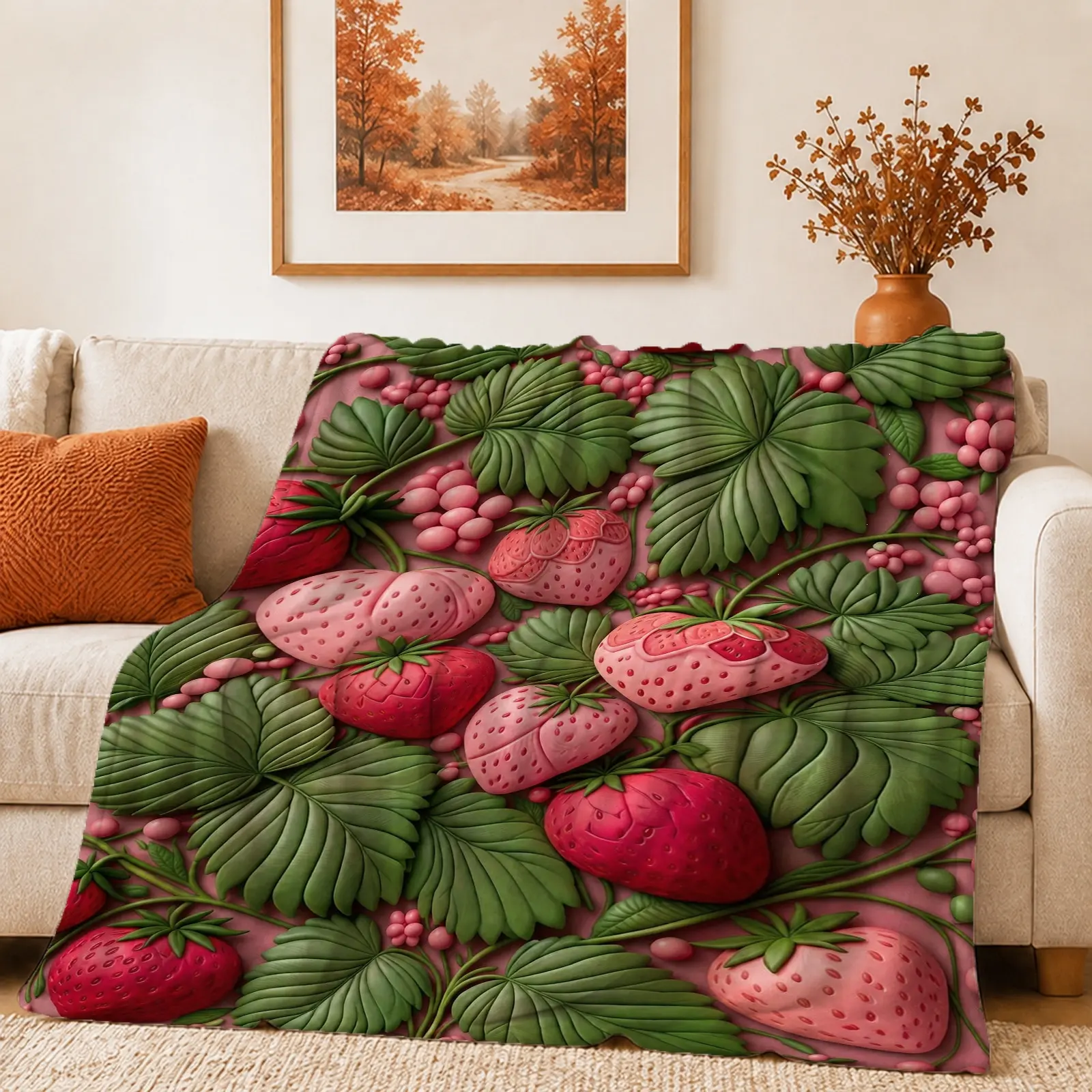 1pc Strawberry Leaf Floral Blanket, Whimsical Pastel Style, Vibrant Strawberry and Leaf Design with Playful Textures, for Sofa Bedroom Living Room and Home Decor