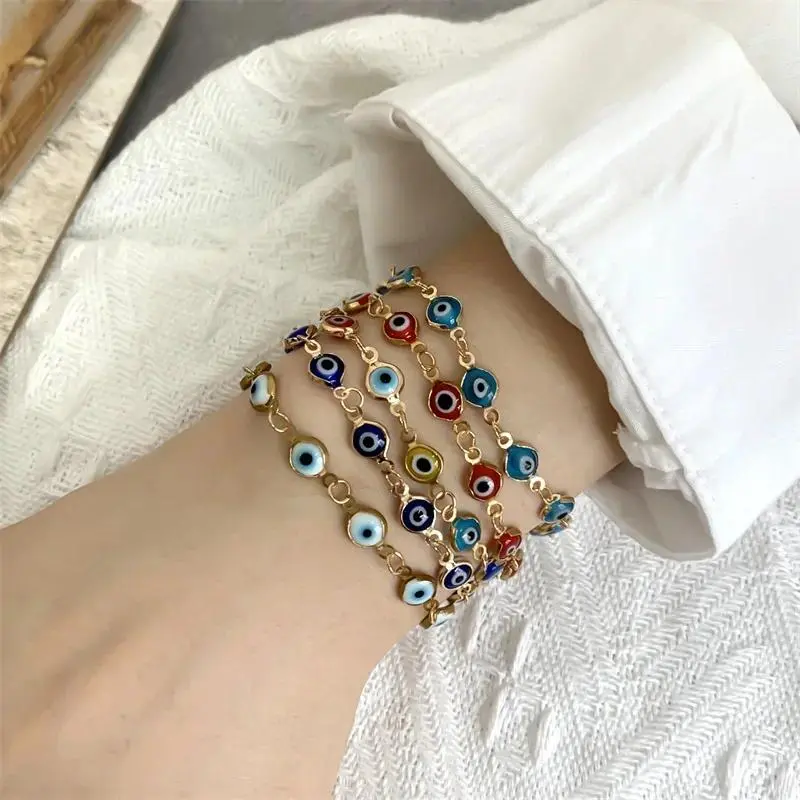5PCS Colorful Evil Eye Bracelet Set, Waterproof Stainless Steel Turkish Nazar Protection Bracelets, Adjustable Lucky Good Energy Gifts for Women Men
