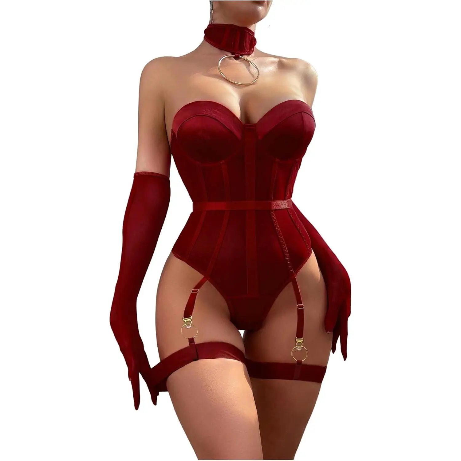 Women's Strapless Lace Lingerie Corset Sleeveless Sheer Garter Body Suit Lingerie with Choker