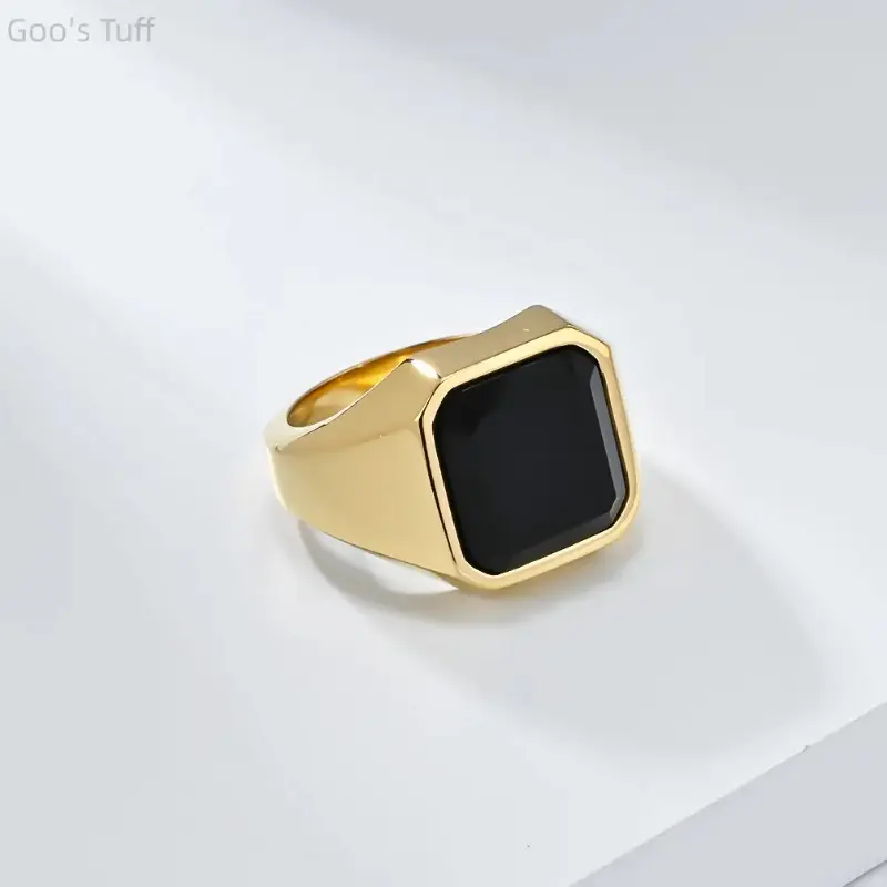 Men's Black Onyx Signet Ring, Titanium Steel Gold Silver Black Plated Square Gemstone Ring, Anti‑Tarnish Hip Hop Jewelry for Daily Party