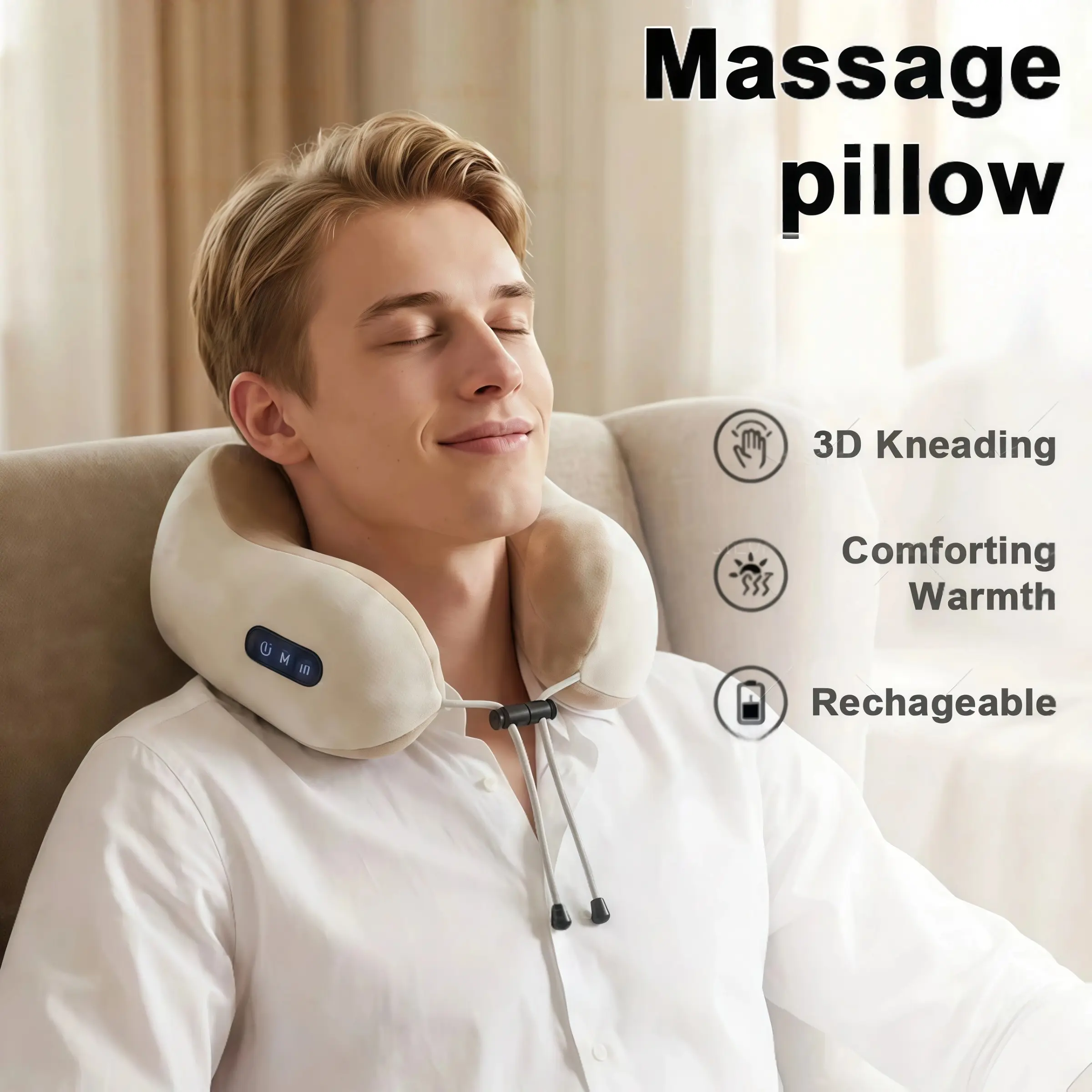 Travel companion U-shaped pillow, electric neck massager with heating and vibration functions, 3D acupoint tapping massage, portable massager,