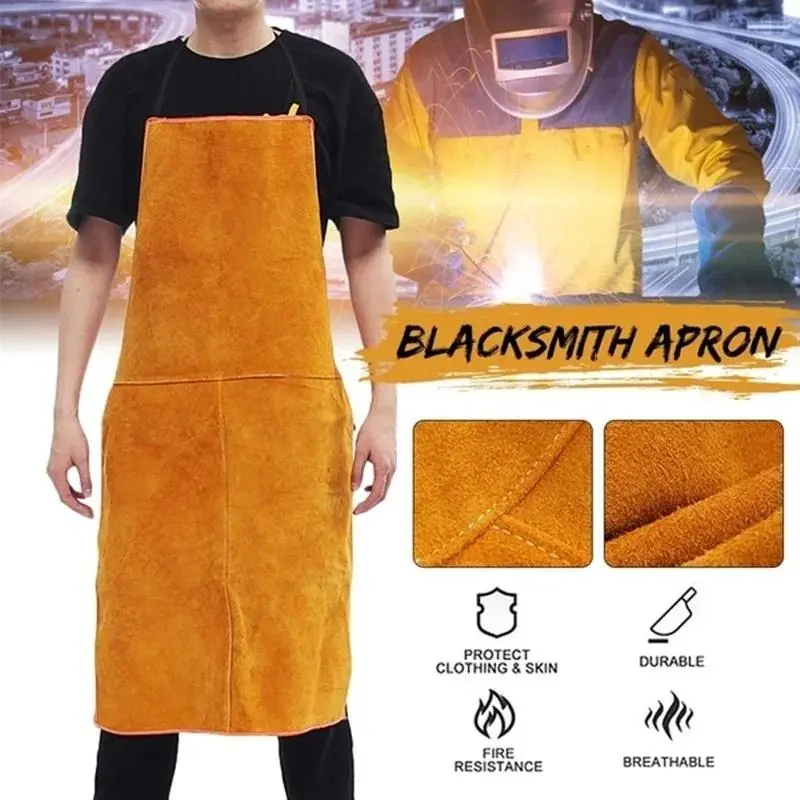 Durable 100x70cm Cowhide Leather Welding Bib Apron - 3-Ply Washable, Heat-Insulation, Adjustable with Pocket, Buckle-Closure Blacksmith Protective Clothing for Workshop Use