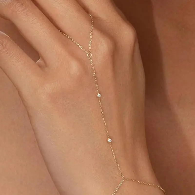 Waterproof Gold Plated Hand Chain for Women Trendy, Everyday Wear Bracelet, Non Tarnish Dainty Cubic Zirconia Finger Ring Bracelet, Summer Beach Hand Jewelry Minimalist Adjustable Simple Cute Gold Ring Chain Bracelets Fashion Gifts Handchains