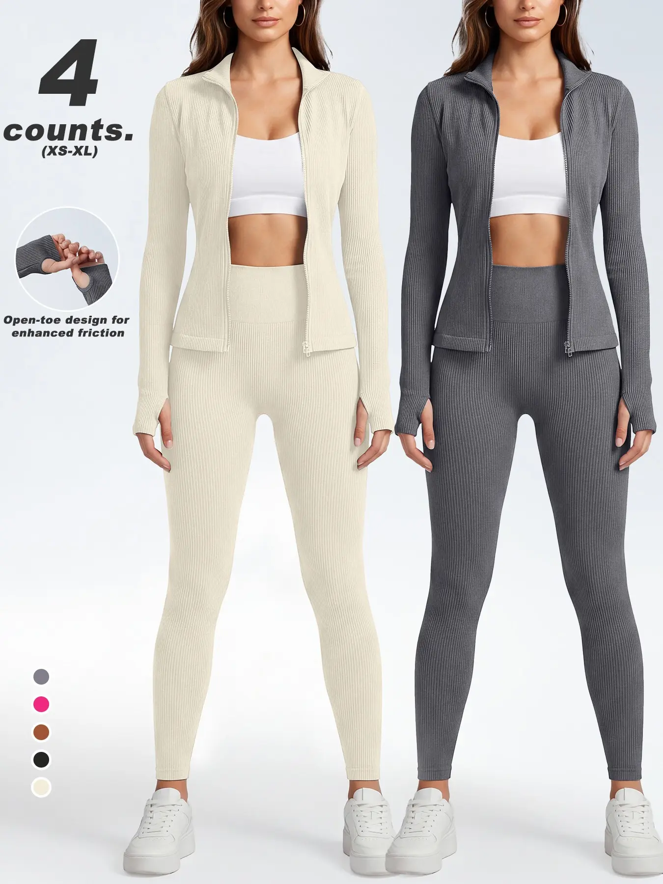 4 Counts Women Ribbed Zip Up Stand Collar Jacket & High Waist Butt Lifting Leggings Workout Separates Suit, Thumb Hole Open Finger Cuff Slim Sculpting Stretch Summer Active Tracksuit Set, Matching Workout Set, Workout Athletic Wear, 5 Solid Colors XS-XL