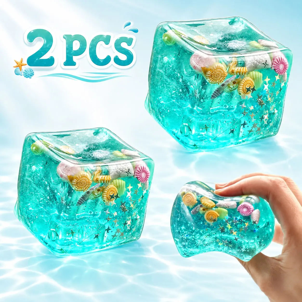 Ocean Squishy Ice Cube Stress Ball with Seashells Inside, Soft Slow Rising Sensory Fidget Cube, Satisfying Squeeze Toy for Adults, Stress Relief, Focus, Office Desk, Study, Travel and Relaxation Gift(2 PCS)