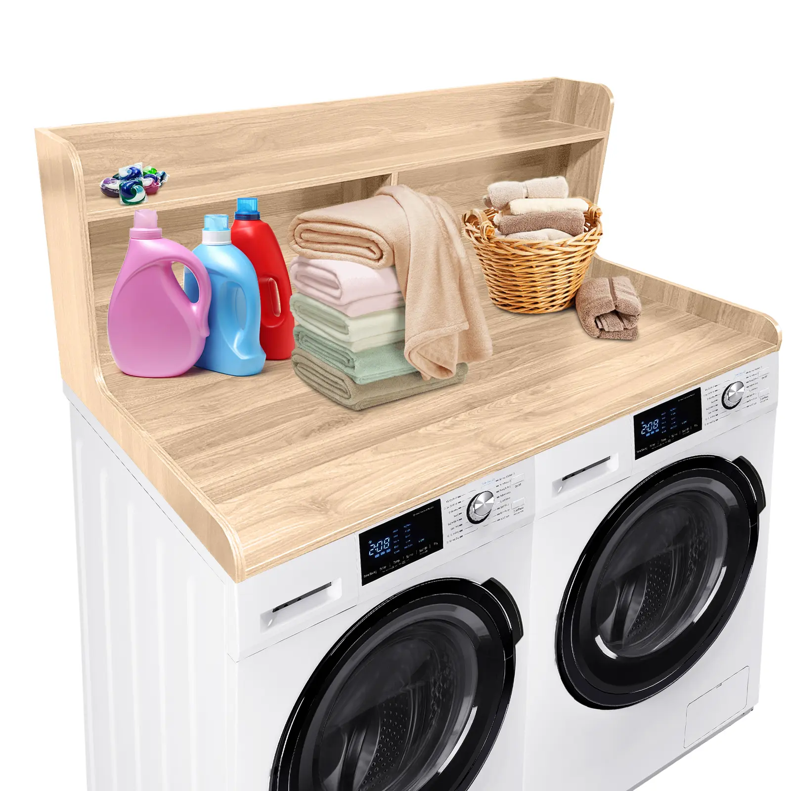 2-Tier Washer and Dryer Countertop Shelf, 54x27.5" Waterproof Wood Organizer, Space-Saving Laundry Room Storage with Natural Wood Finish