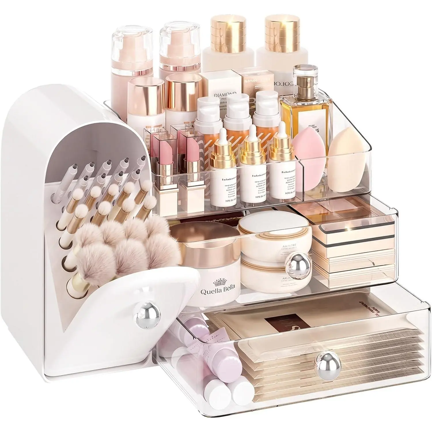 Large Makeup Organizer for , Closed Makeup Brush Holder, White | Storage Perfume &  & Skincare, 3 in 1 Makeup Organizer with Drawers